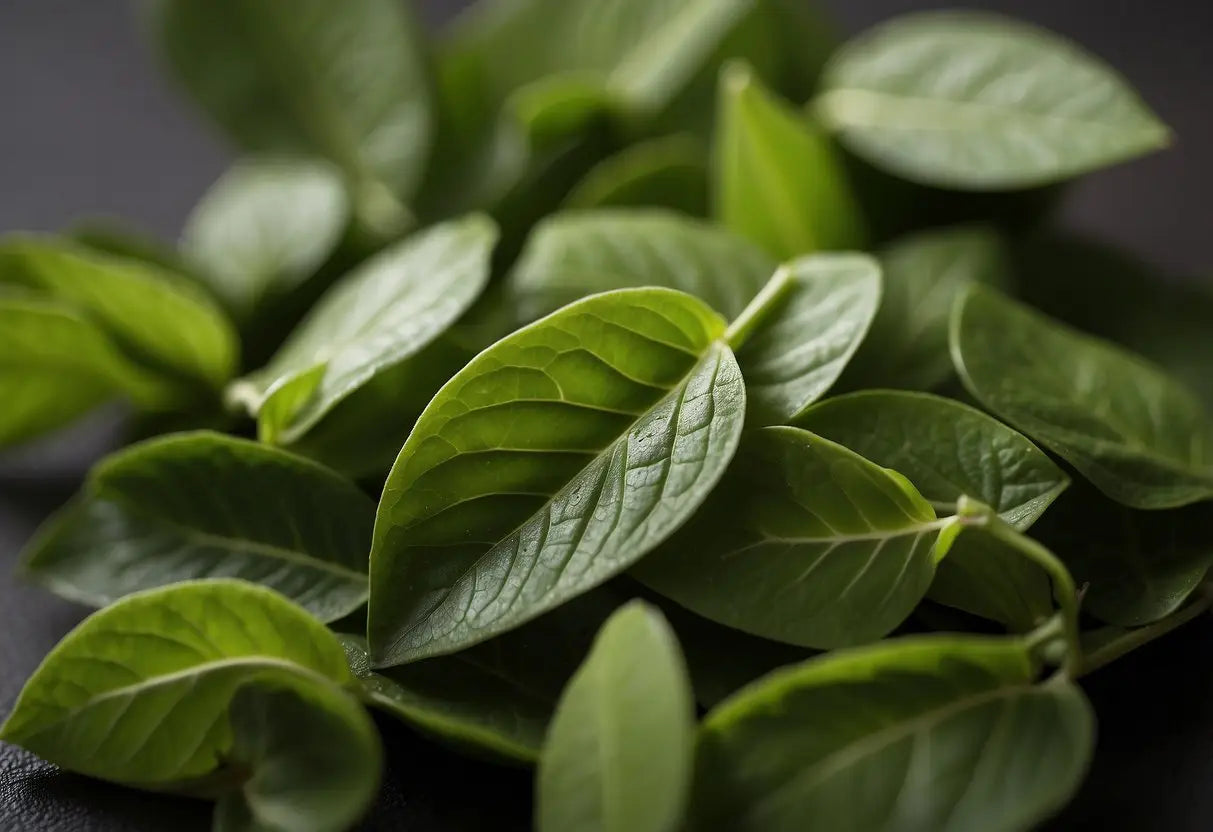 Vibrant green matcha leaves arranged in various quality grades