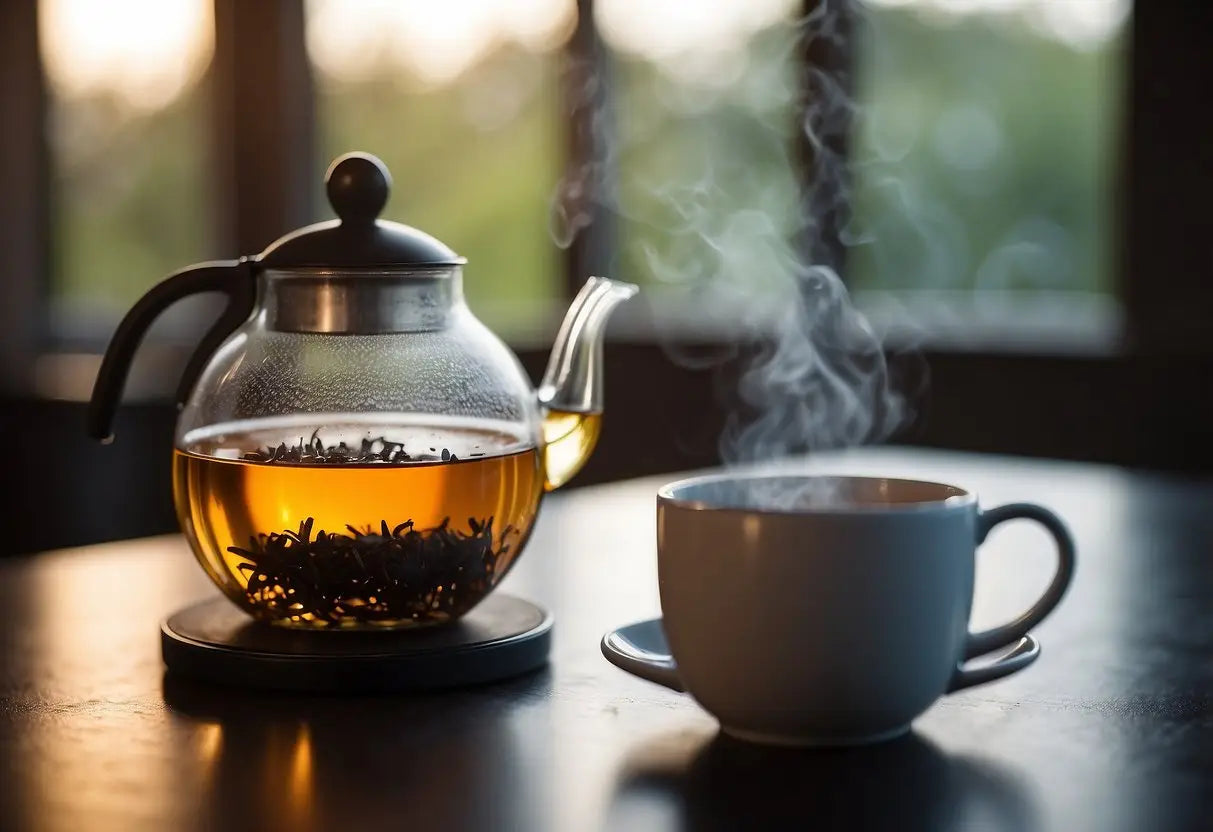 A teapot with black tea leaves steeping in hot water for 3-5 minutes, steam rising from the spout