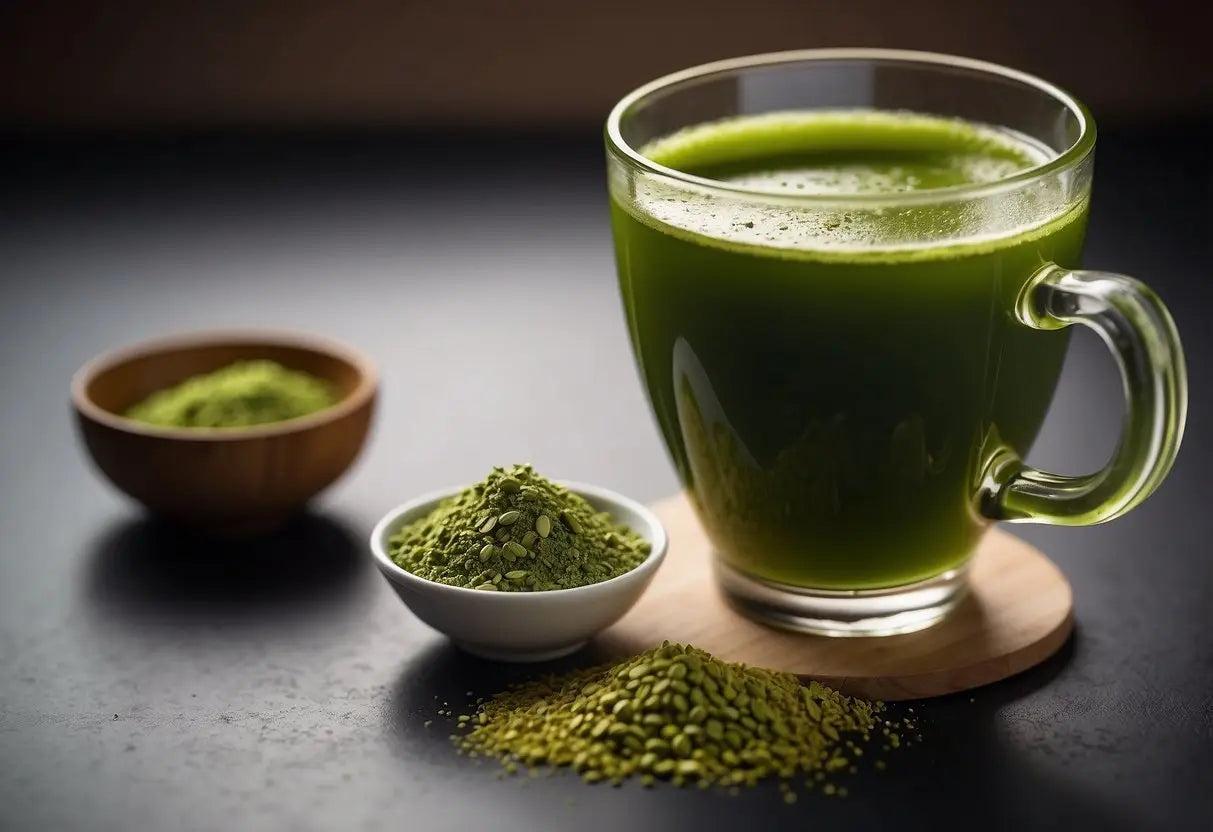 A steaming cup of matcha and green tea beside a ruler measuring their respective antioxidant levels