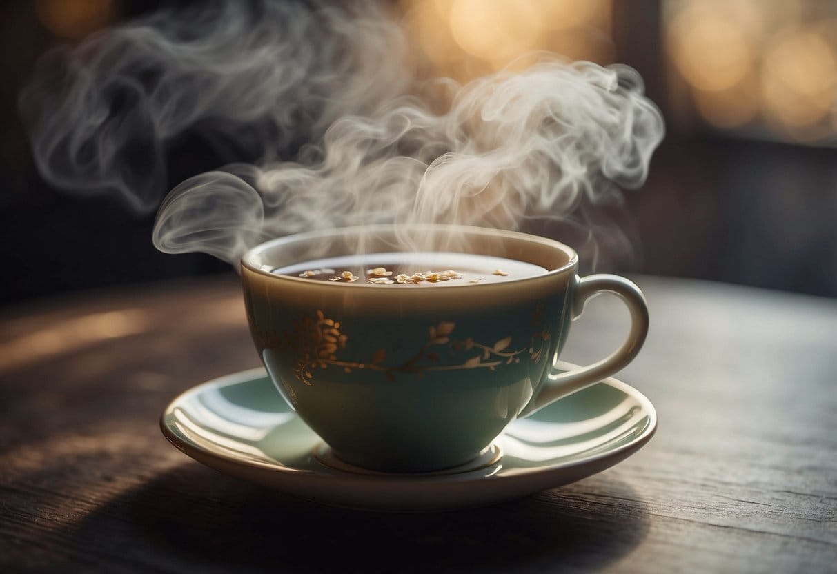 A steaming cup of cloud tea surrounded by swirling aromas and delicate wisps of vapor, evoking a sense of tranquility and indulgence