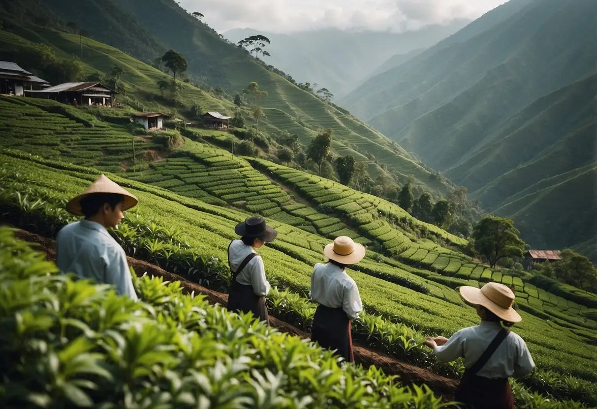 Lush green mountains surround a tranquil tea plantation, where workers carefully harvest and process the delicate leaves, symbolizing the cultural significance of cloud tea