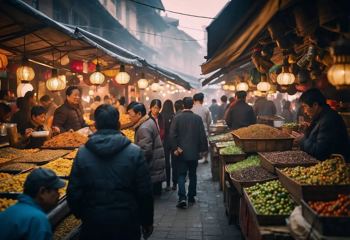 The bustling market is filled with vendors trading cloud tea, surrounded by colorful stalls and the aroma of freshly brewed tea