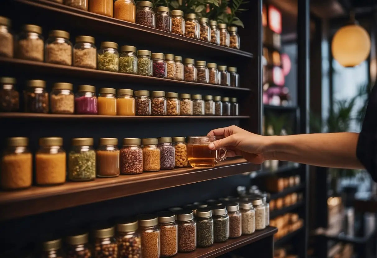A hand reaches for a box of dessert tea, surrounded by various tea flavors on a shelf. The packaging is elegant and inviting, with vibrant colors and enticing imagery