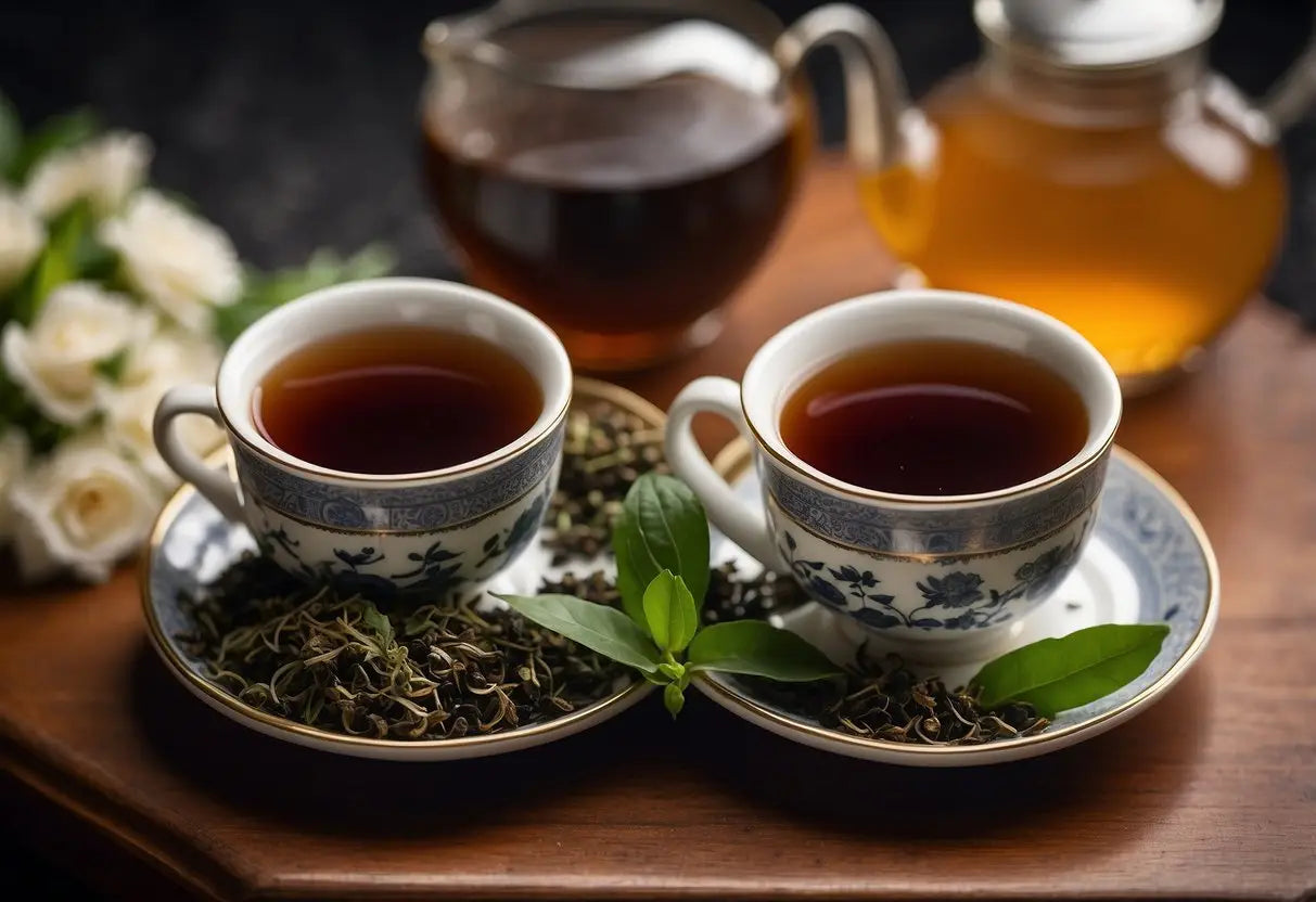 A table with two teacups, one filled with oolong tea and the other with black tea, alongside their respective tea leaves