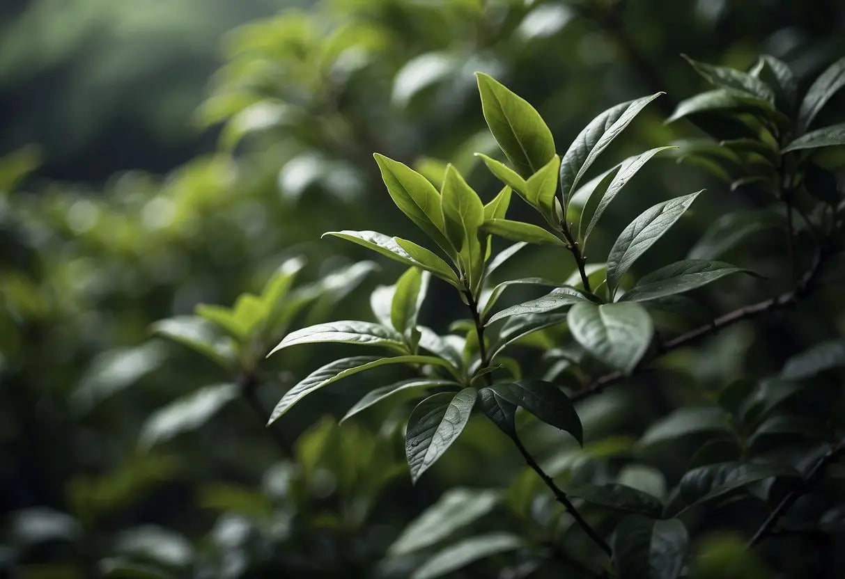 A tea plant with both green and black leaves, symbolizing the history and origins of oolong tea