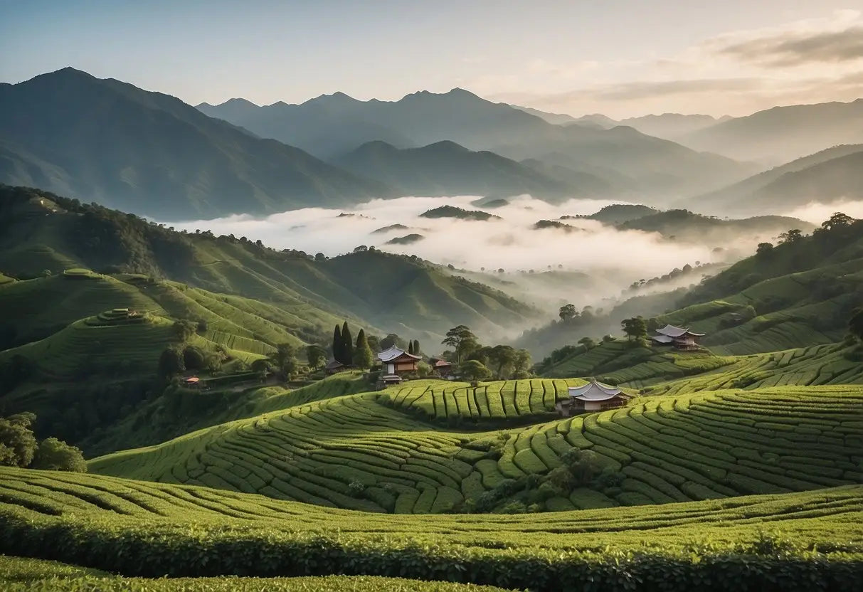 Lush green mountains with tea fields, a misty fog rolling over the landscape, and a traditional tea house nestled in the valley