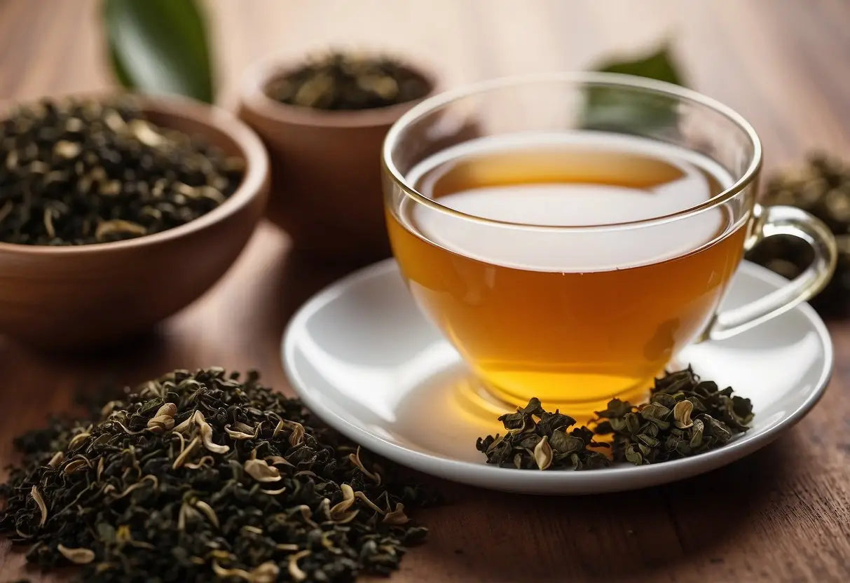 A steaming cup of oolong tea sits next to a pile of dried tea leaves, with a label displaying "Health Benefits and Risks" prominently