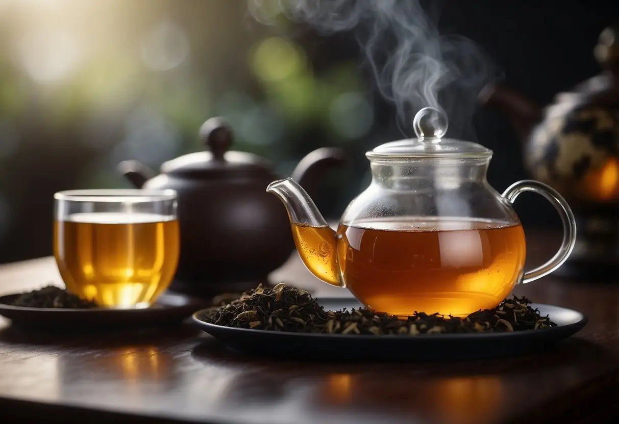 Steaming teapot pours oolong and black tea into delicate cups