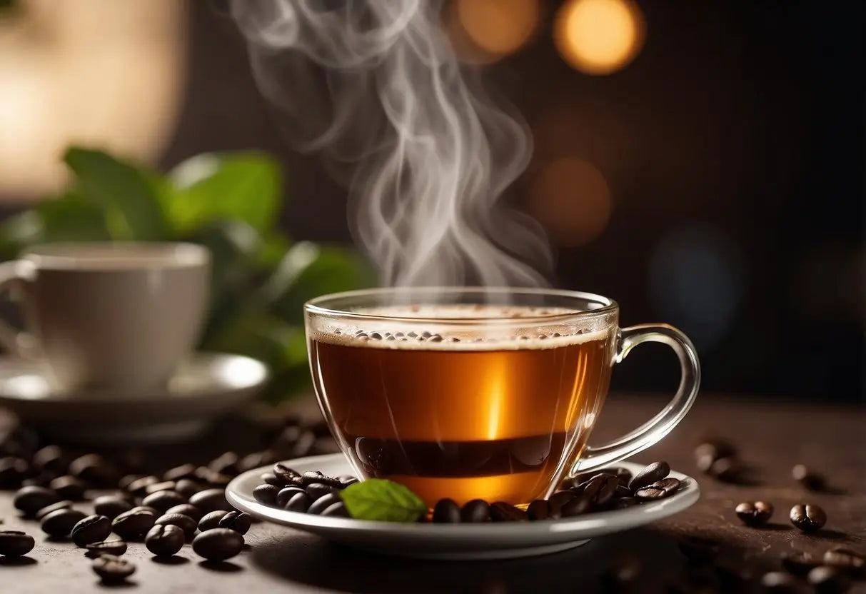 A steaming cup of coffee-flavored tea surrounded by coffee beans and tea leaves, with a hint of steam rising from the surface