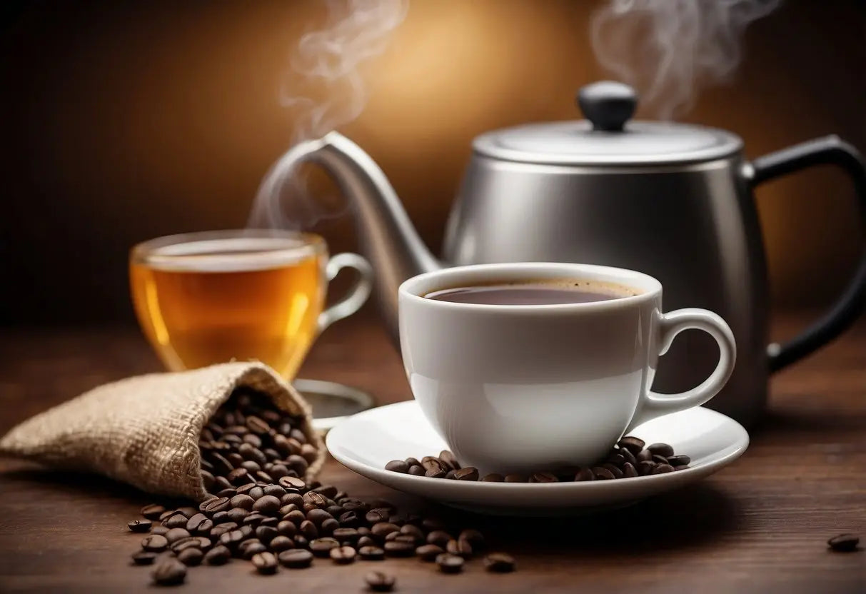 A steaming cup of tea sits next to a bag of coffee beans, emitting a rich aroma. The label on the tea package reads "Coffee-Tasting Tea Products."