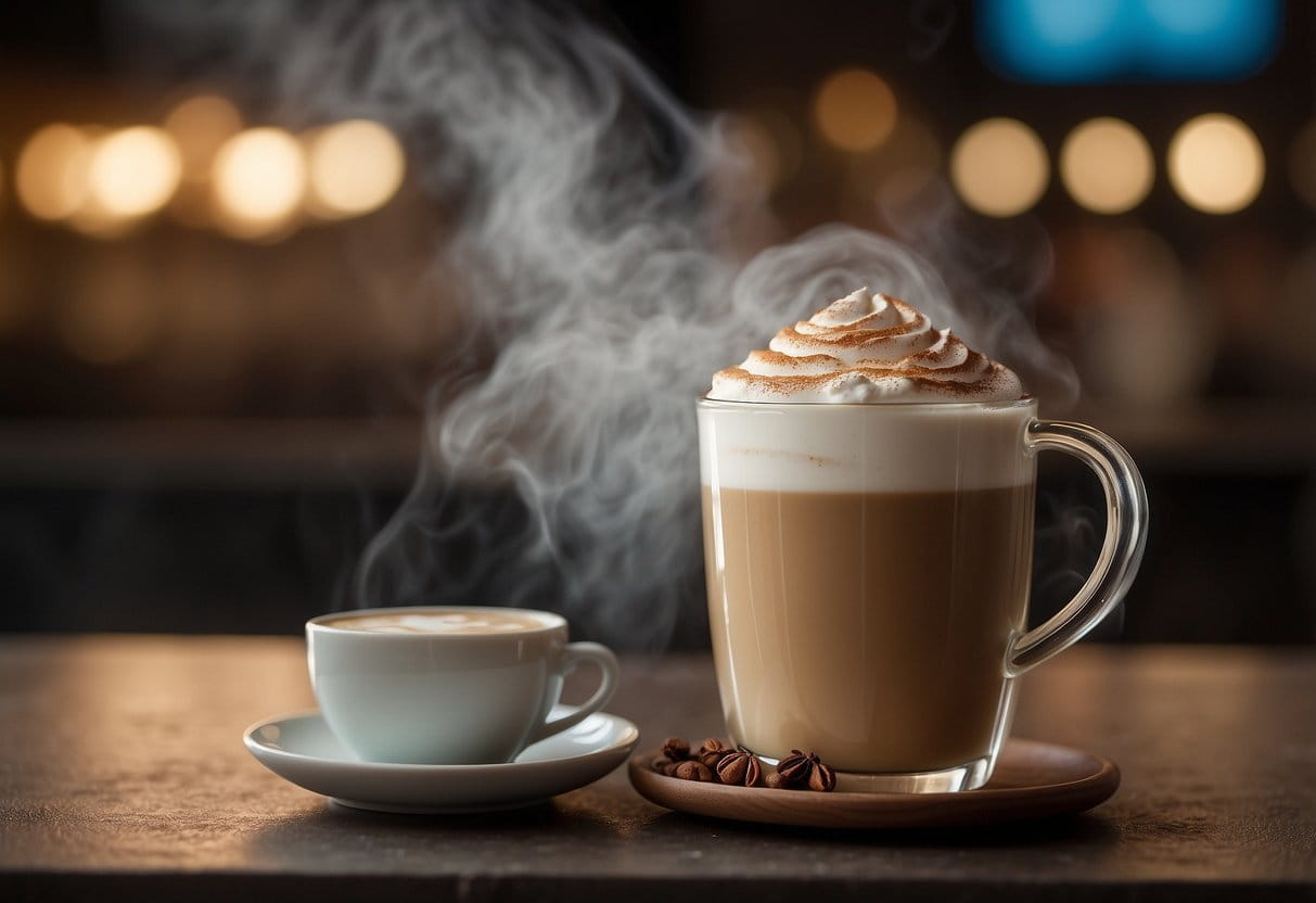 A steaming chai tea latte sits next to a warning sign and a list of potential health risks