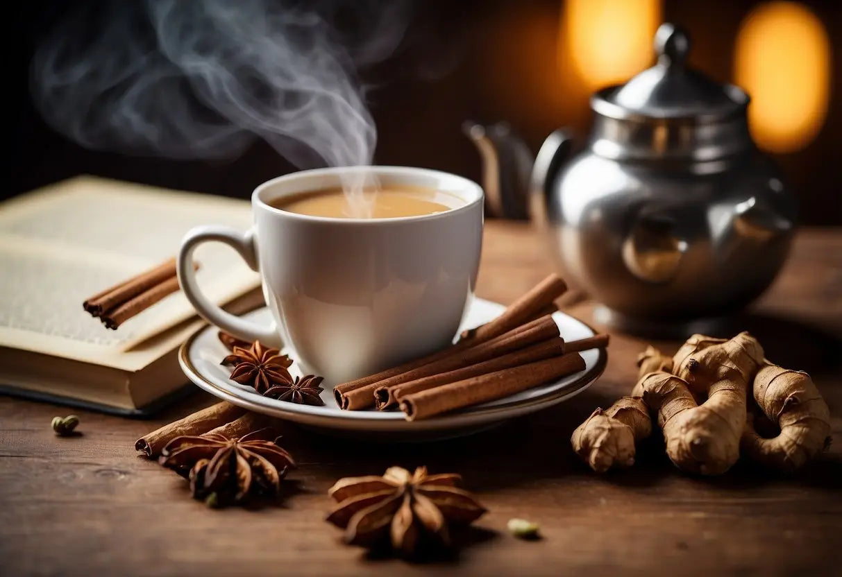 A steaming cup of chai tea surrounded by ginger, cinnamon, and cardamom. A stack of books on digestive health sits nearby