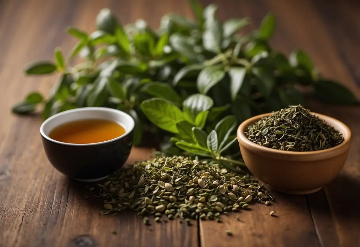 A variety of tea leaves and herbs arranged on a wooden table, with steam rising from a cup