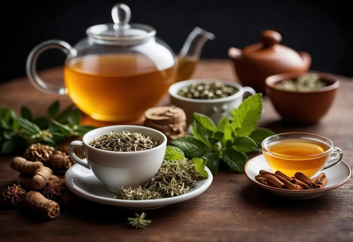A table with various herbal teas and a steaming teapot, surrounded by digestive aids like ginger and peppermint