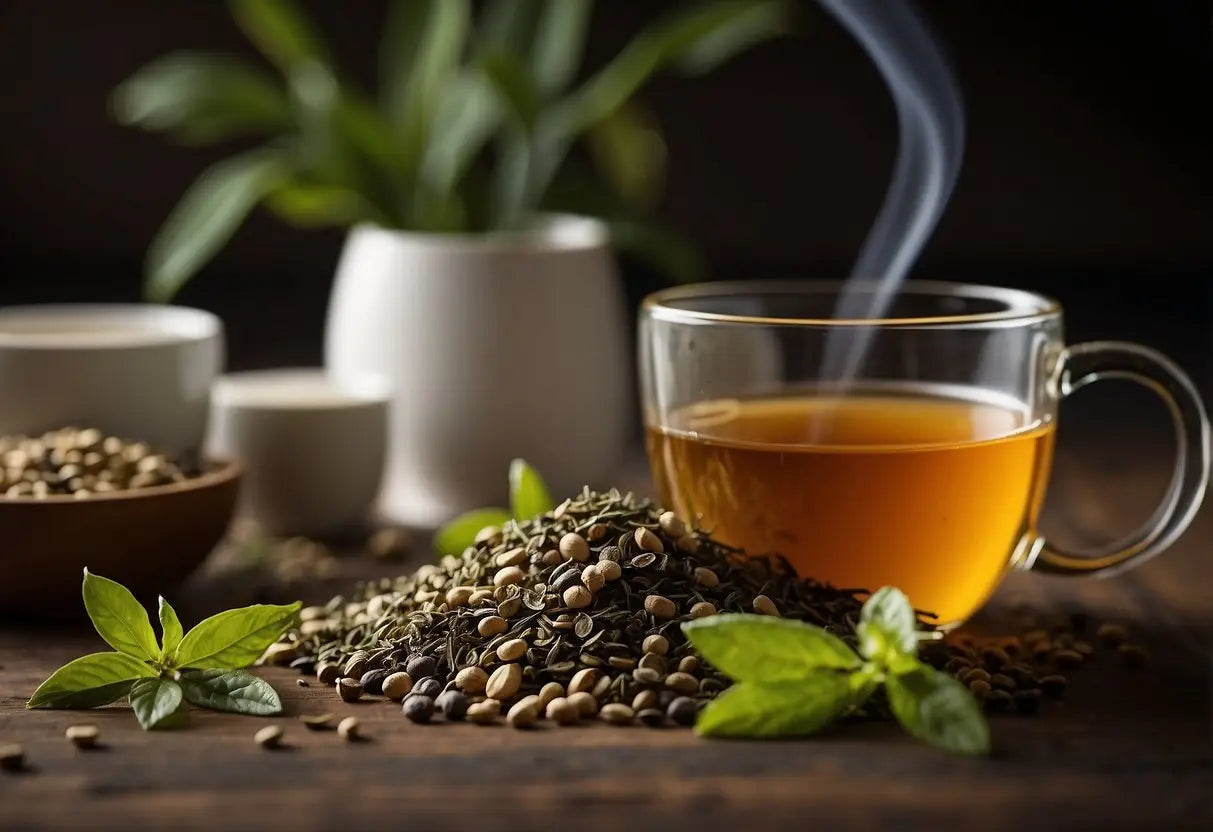 Tea ingredients arranged with digestive aids. A steaming cup being sipped