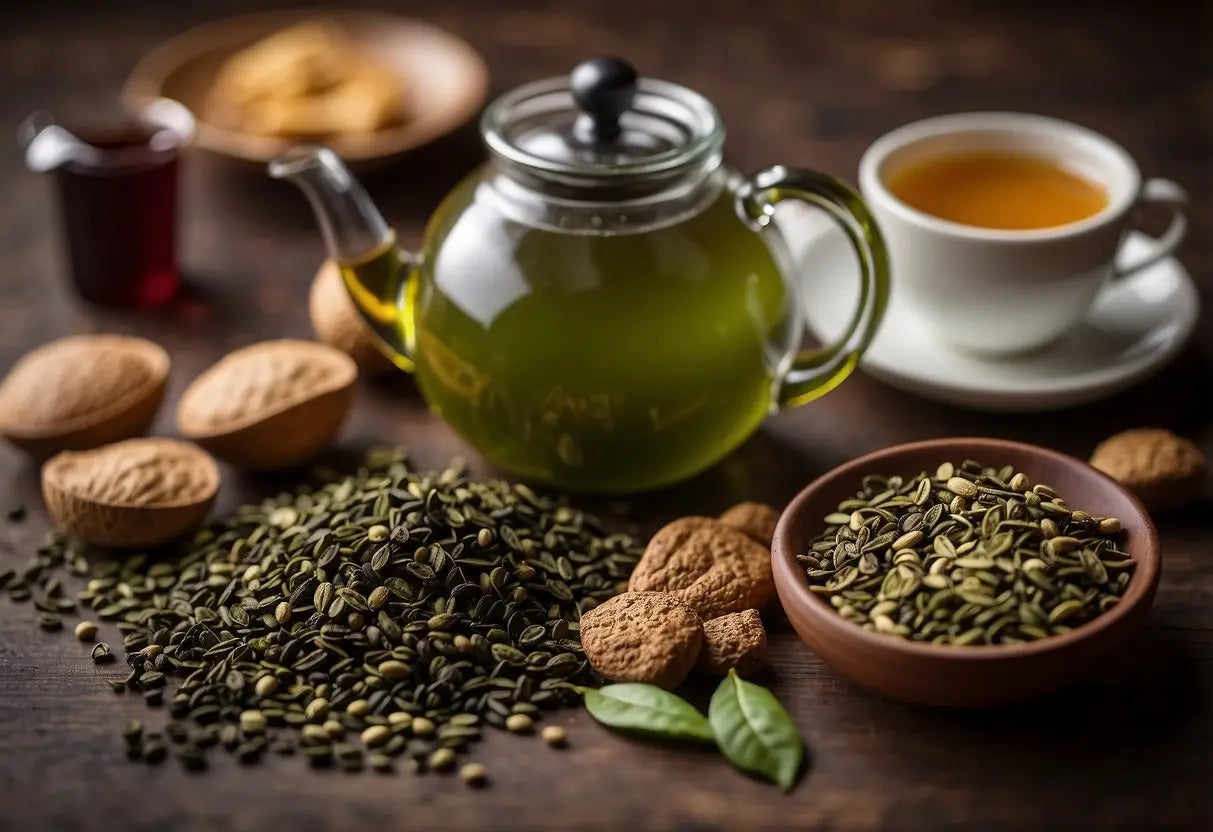 A variety of milk options arranged around a teapot and tea leaves, ready for steeping