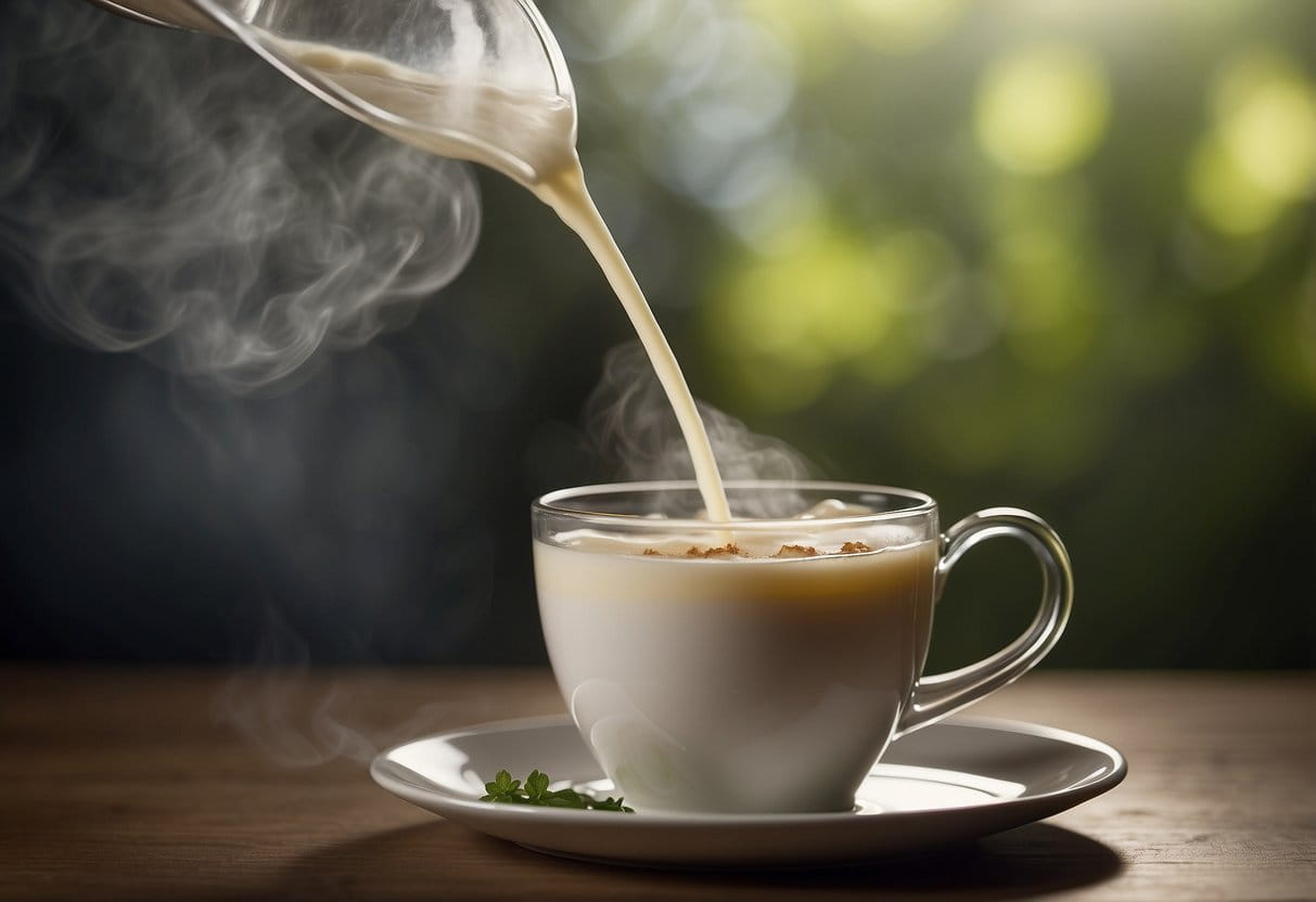 Tea bag dipped in milk, steam rising, puzzled expression
