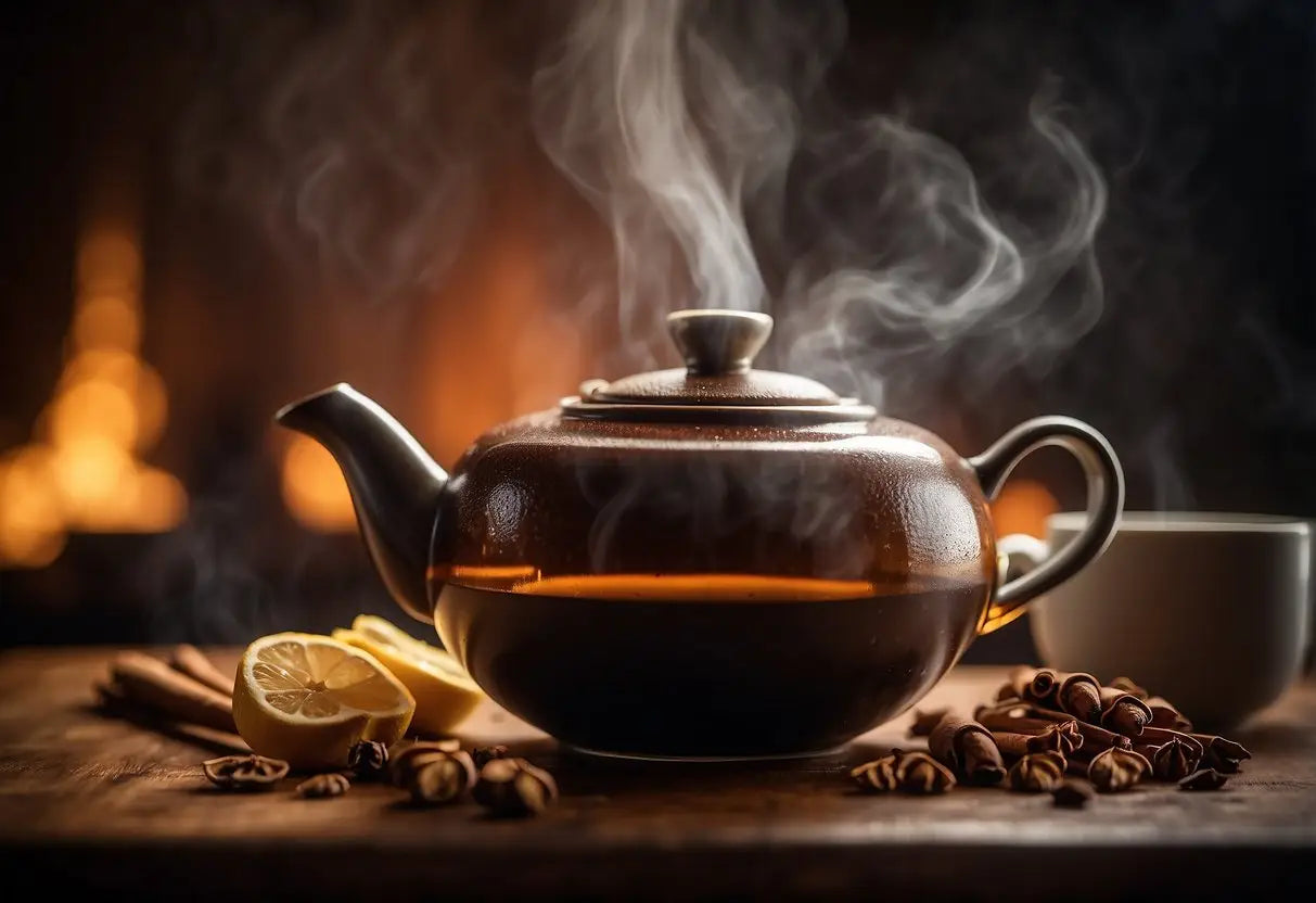 A steaming pot of chai tea with ginger, cinnamon, and cloves simmering on a stove. A spoonful of honey is being drizzled into the mug