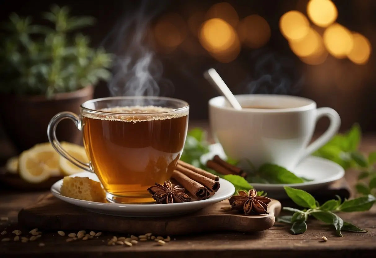 A steaming cup of chai tea with honey and ginger, surrounded by soothing herbs and spices