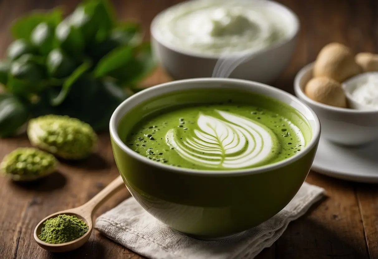 A steaming cup of matcha sits next to a creamy dairy pairing, such as milk or yogurt, on a wooden table. The vibrant green color of the matcha contrasts with the white of the dairy, creating a visually appealing scene