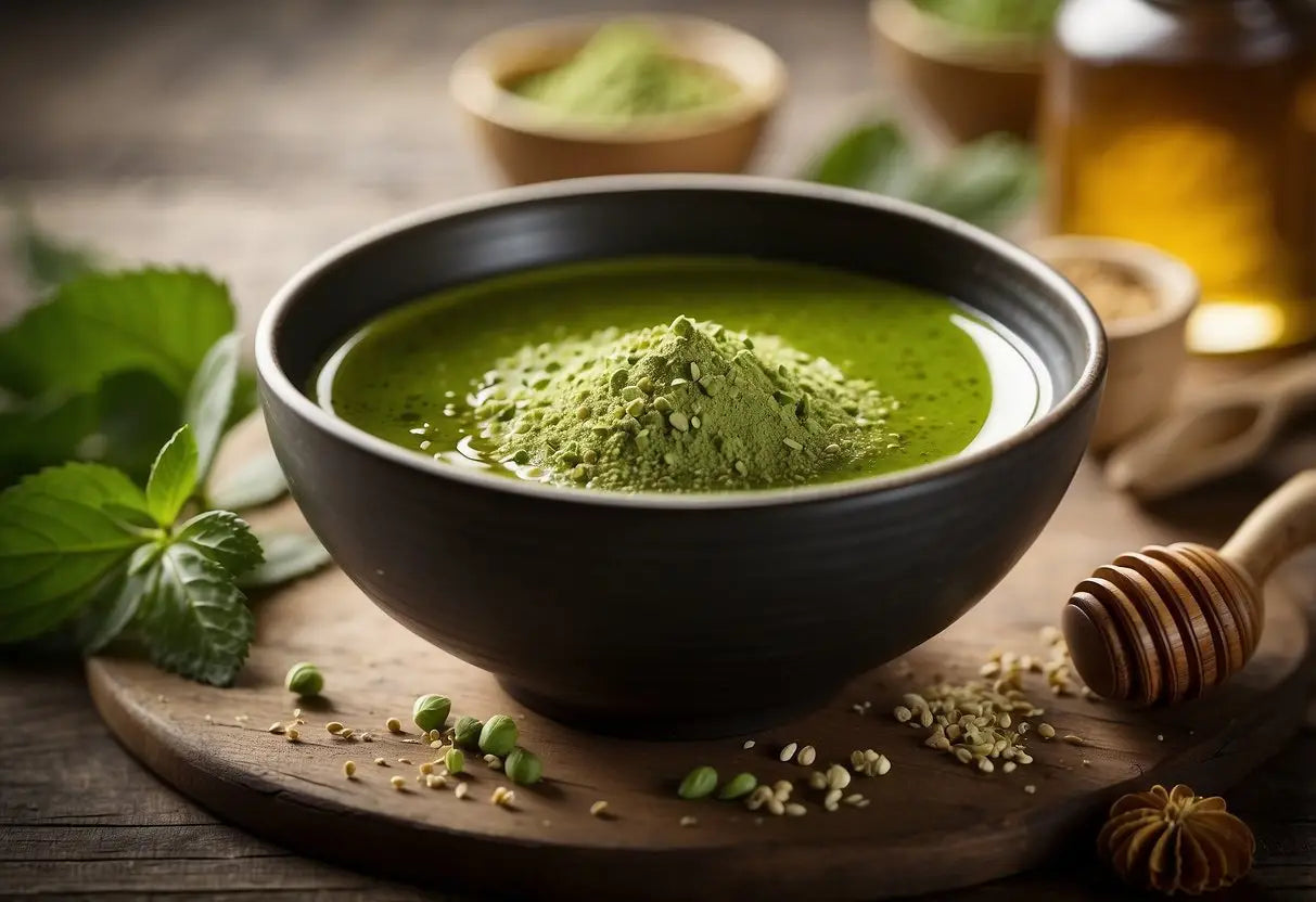 A bowl of matcha surrounded by honey, agave, and stevia