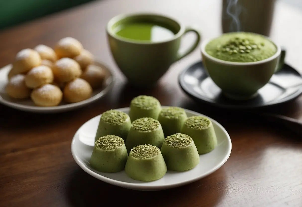 A steaming cup of matcha tea sits next to a plate of matcha-flavored sweets and pastries, creating a harmonious and inviting display of savory matcha combinations
