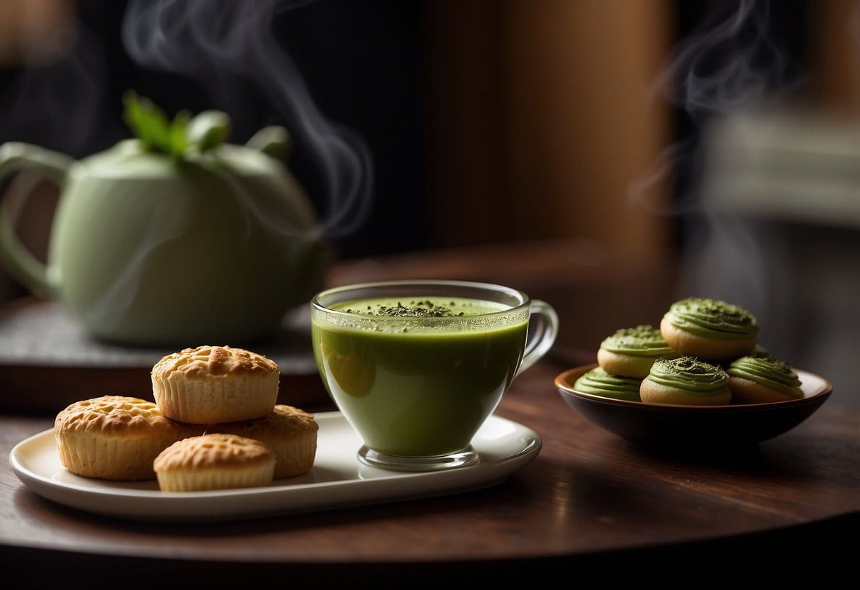 A steaming cup of matcha sits next to a display of freshly baked matcha-flavored pastries, creating a delightful scene of matcha and bakery pairings