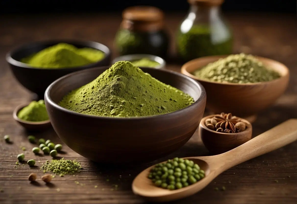 Matcha powder and various spices are arranged on a wooden table, ready for blending and experimentation