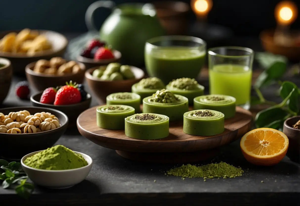 A table adorned with various matcha pairings: matcha-infused desserts, fruits, and savory snacks, creating an array of vibrant green hues and textures