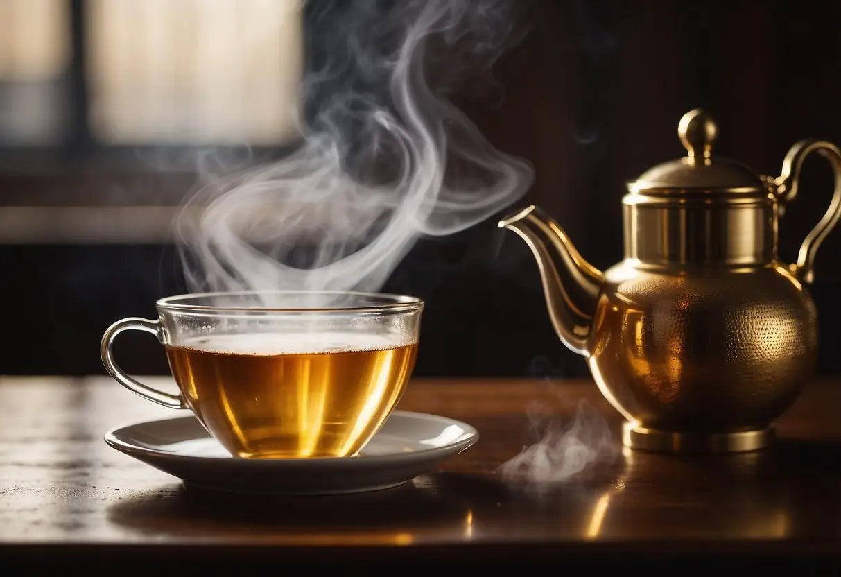 Steam rises from a cup of oolong tea as the hot water releases the tea's complex flavors and aromas. The rich golden hue of the liquid reflects the warmth of the temperature, creating a soothing and inviting scene