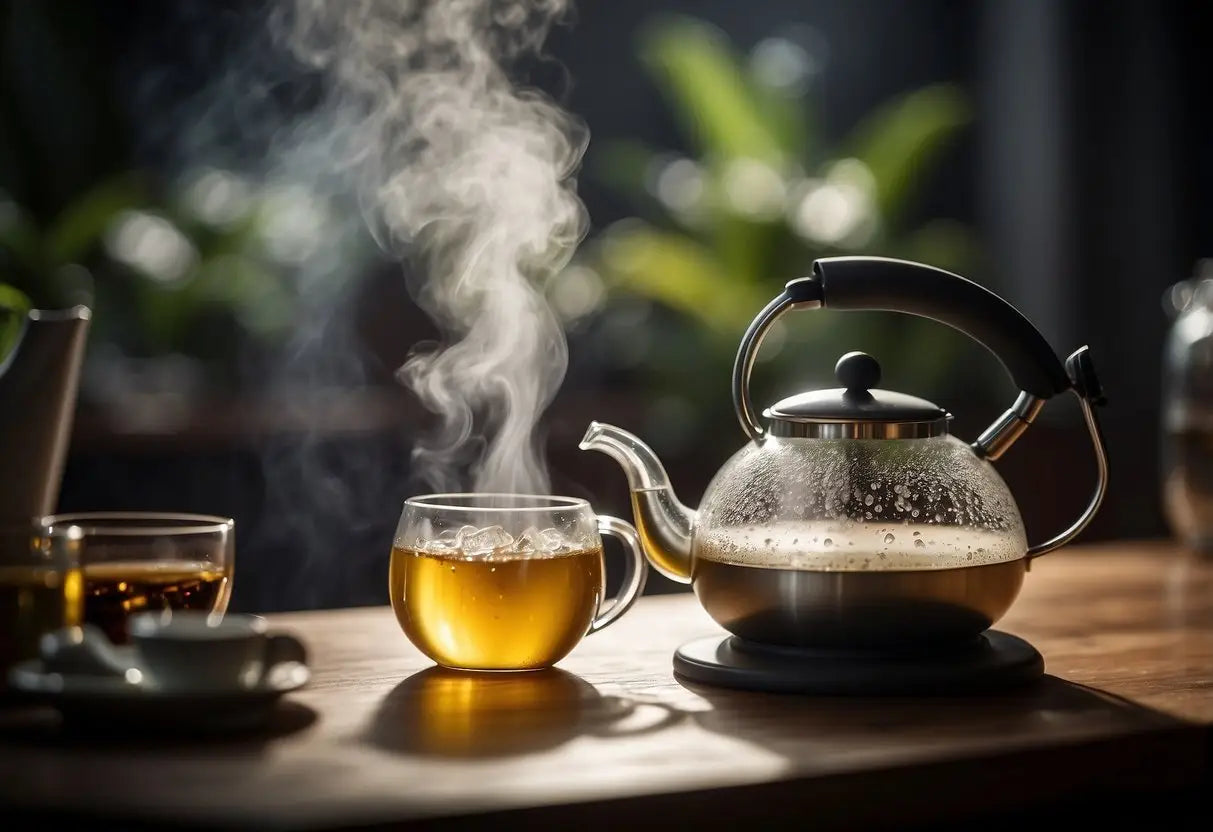 Water boiling in a kettle, steam rising, thermometer showing oolong tea temperature, avoid overheating