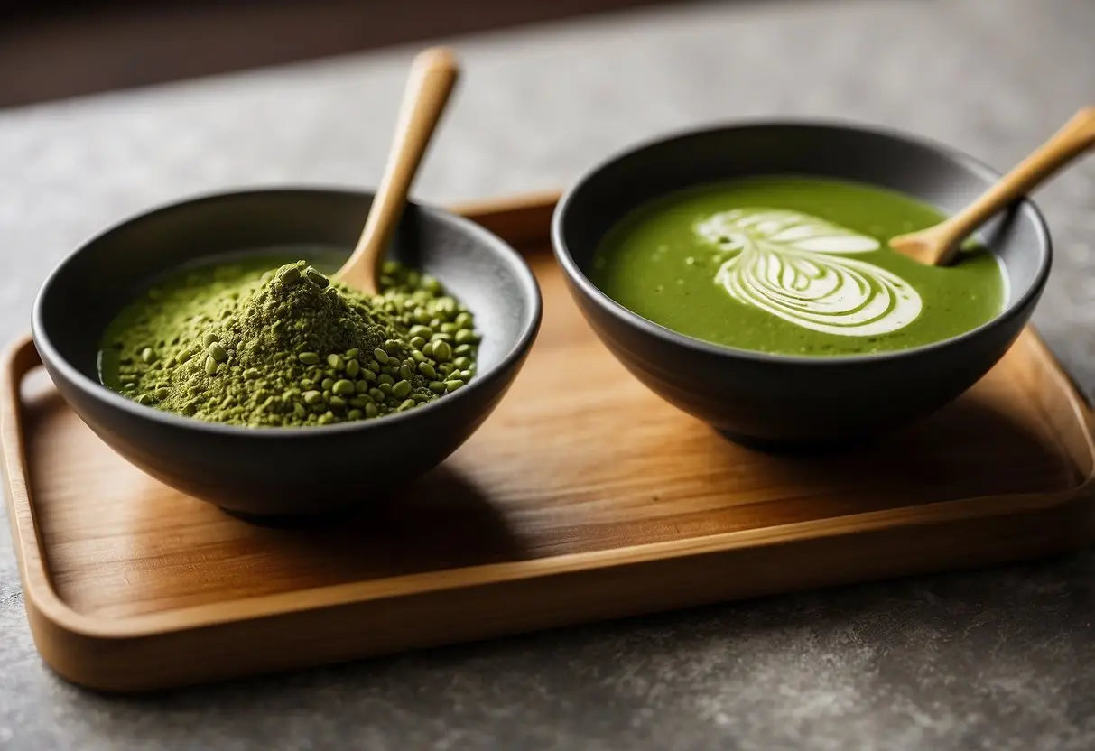 Two bowls of matcha, one for culinary and one for ceremonial use, placed side by side on a wooden tray with a bamboo whisk and spoon