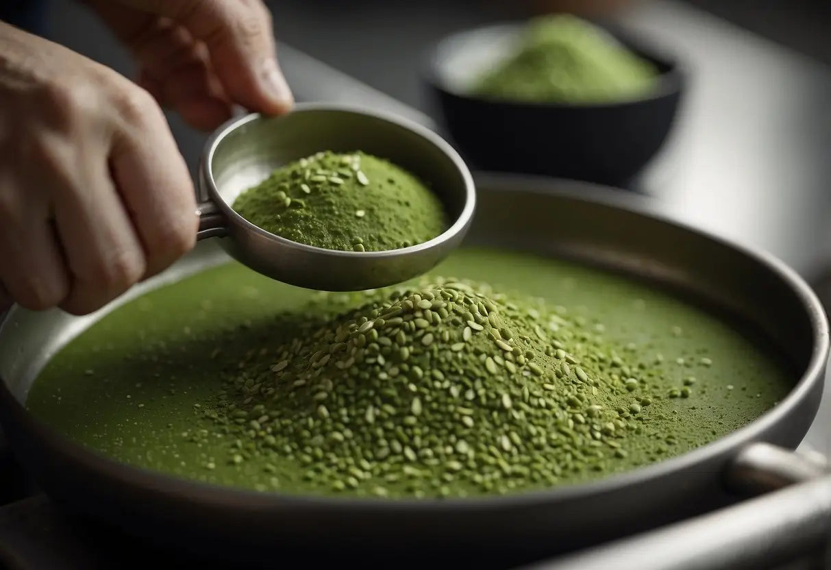 Ingredients being carefully measured and mixed for ceremonial matcha. Culinary matcha being processed in a factory setting