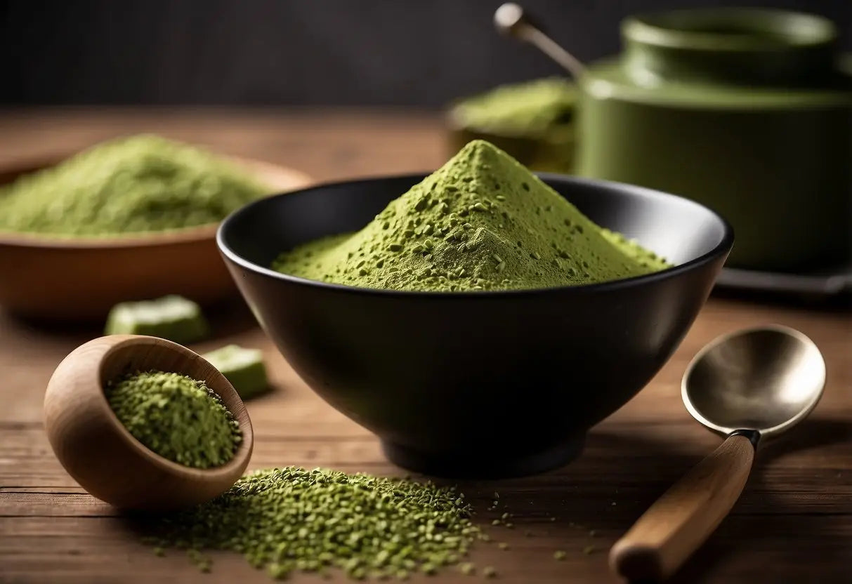 A bowl of matcha powder and a ceremonial whisk next to a bamboo scoop, contrasting with a modern electric frother and a cup of prepared matcha