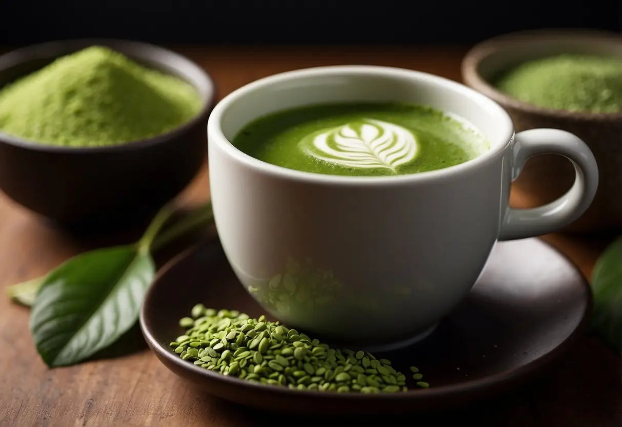 A steaming cup of ceremonial matcha sits next to a bowl of culinary matcha powder. Both are surrounded by fresh green tea leaves and a variety of nutrient-rich ingredients