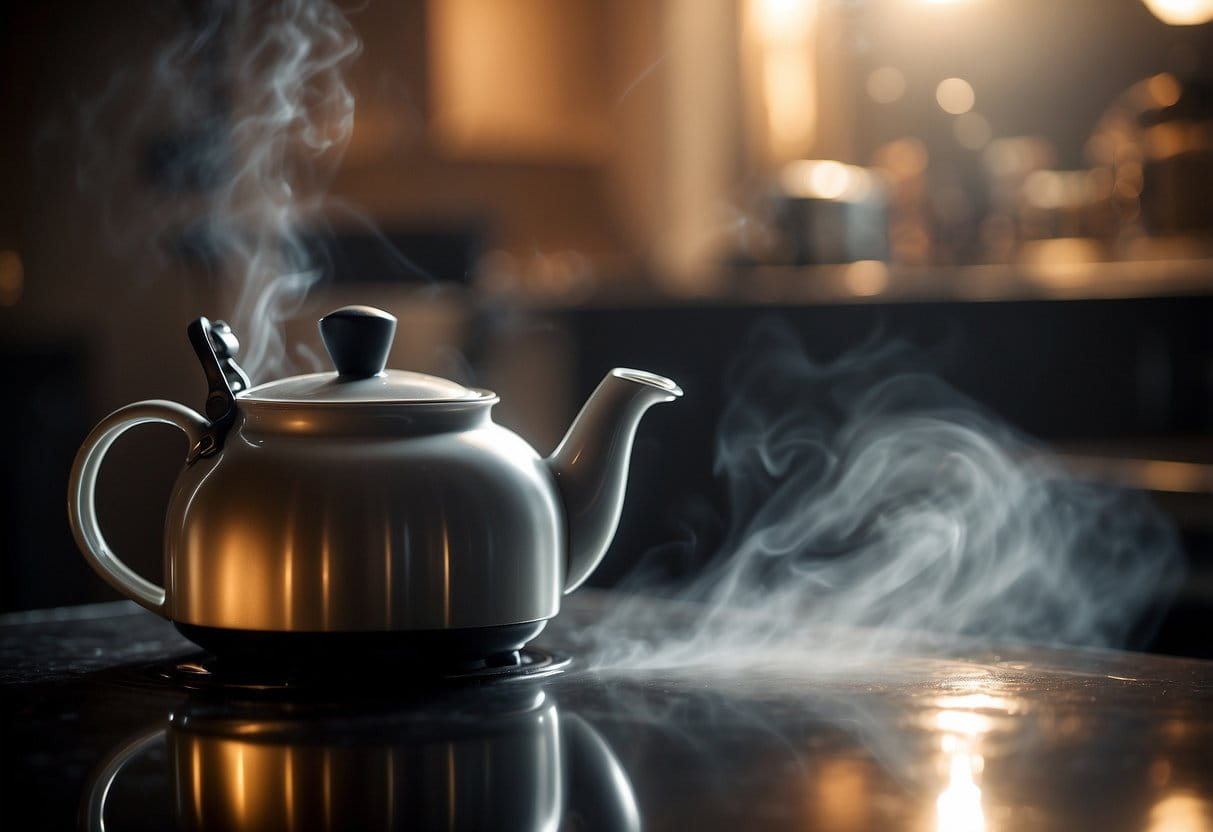 A teapot sits on a stove, steam rising from the spout. A timer displays 3-5 minutes. A tea bag dangles in the water