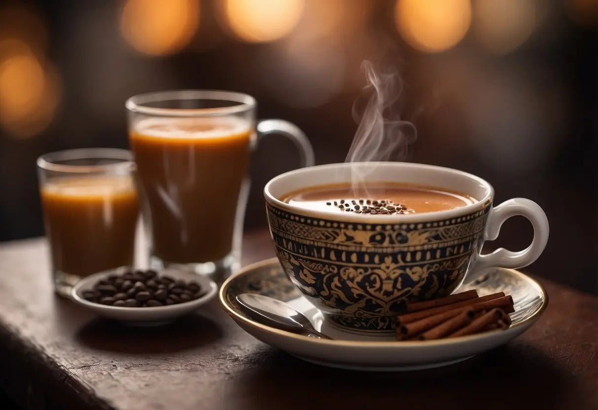 A steaming cup of masala chai sits next to other beverages, with a list of its health benefits displayed nearby
