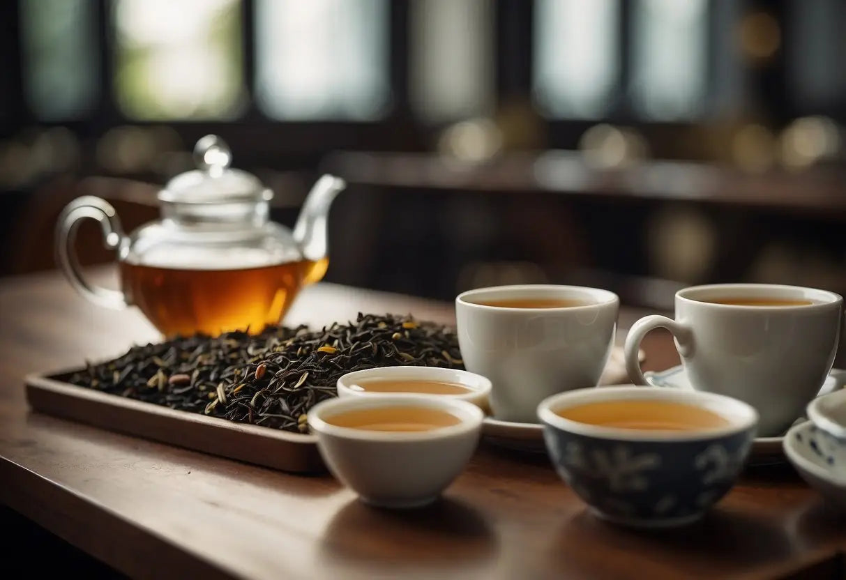 A table with multiple cups of pu erh tea, some empty, some full, and a sign indicating the recommended daily intake