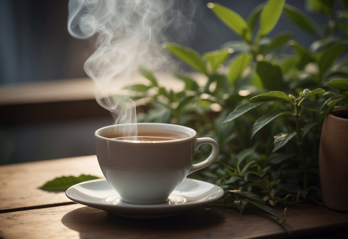 A steaming cup of Pu-erh tea sits on a table next to a wilted plant, emphasizing the effects of dehydration