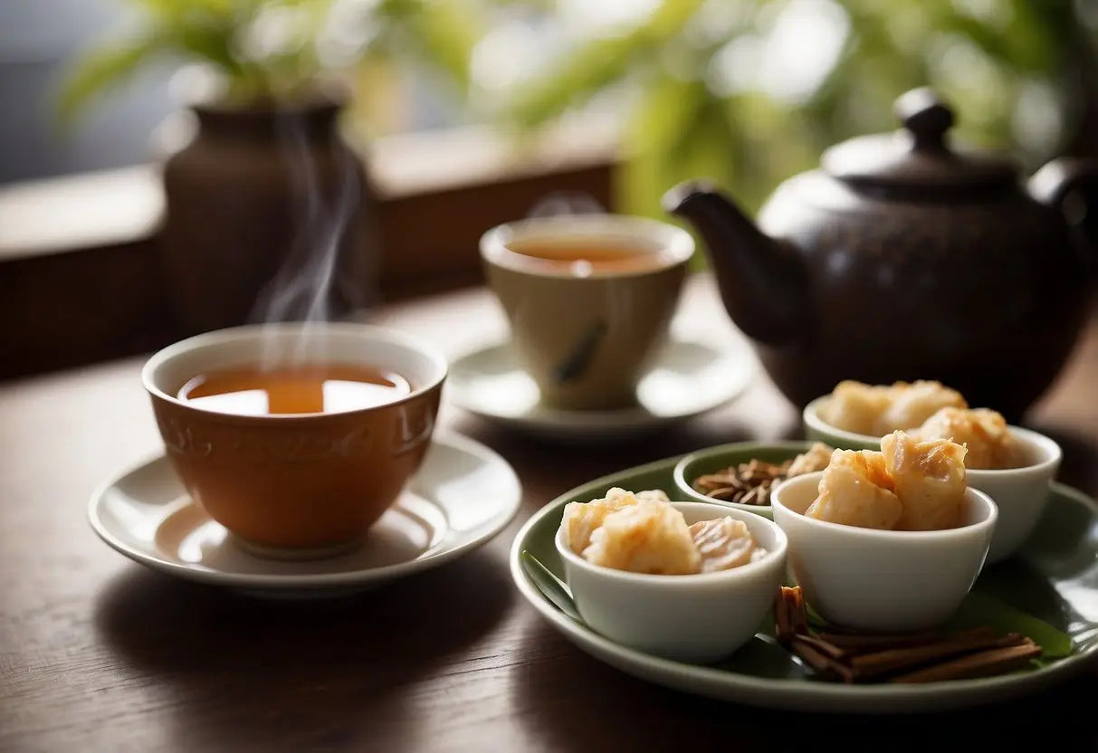 A teapot pours pu-erh tea into small cups. A plate of dim sum sits nearby