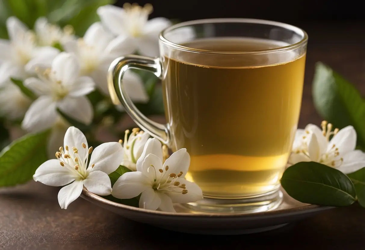 A steaming cup of jasmine tea surrounded by fresh jasmine flowers, with a list of health benefits including antioxidants, improved digestion, and stress relief