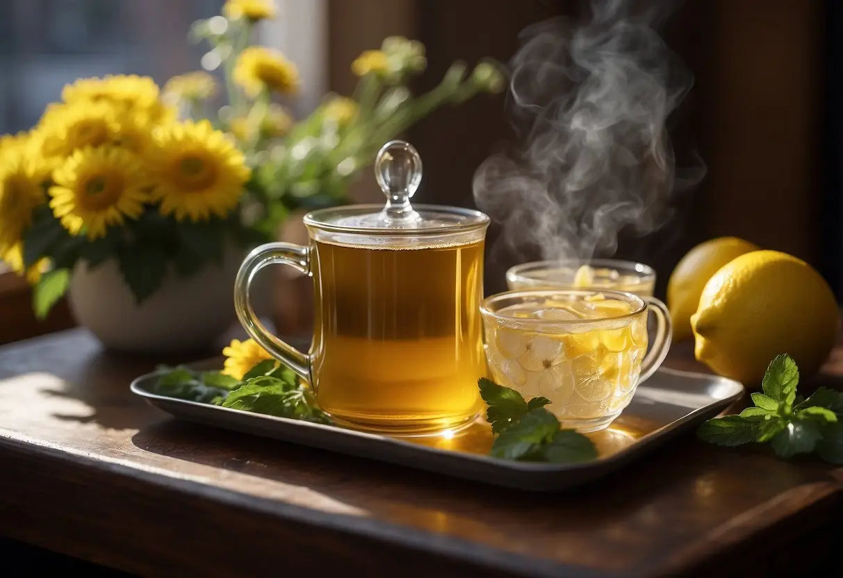 Steaming cups of chamomile, ginger, and peppermint tea on a tray with a lemon slice and honey jar