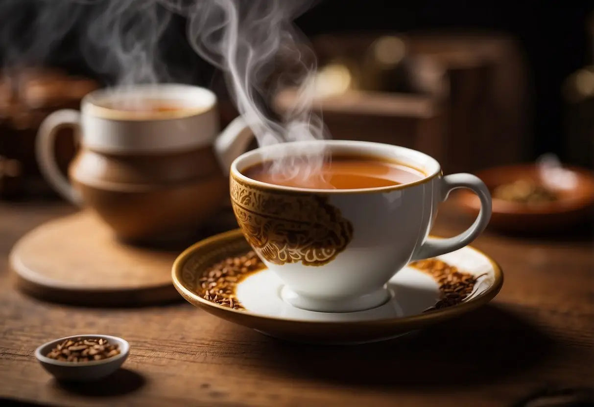 A steaming cup of hojicha sits on a wooden table, emanating a warm, toasty aroma. The rich, amber liquid swirls gently in the cup, inviting the viewer to take a sip